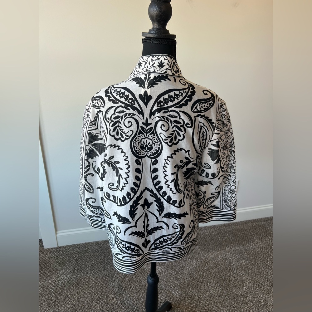 Chico’s Kimono Top in Black/White Pattern Cotton Silk Lightweight - Picture 3 of 8